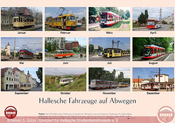 Collage der monatlichen Fotos des Wandkalenders 2018 der Halleschen Straßenbahnfreunde e.V.