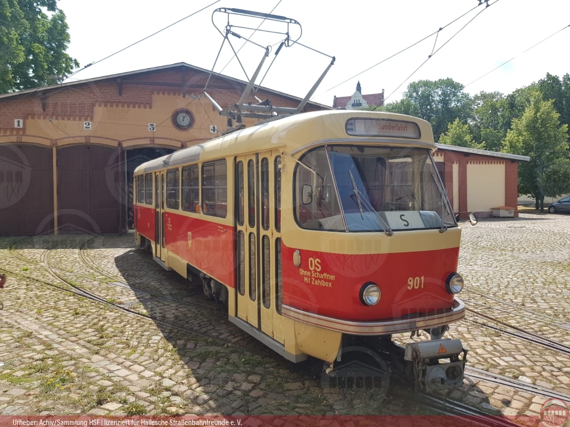 Foto vom historischen Triebwagen 901nim Historischen Straßenbahndepot Halle (Saale)
